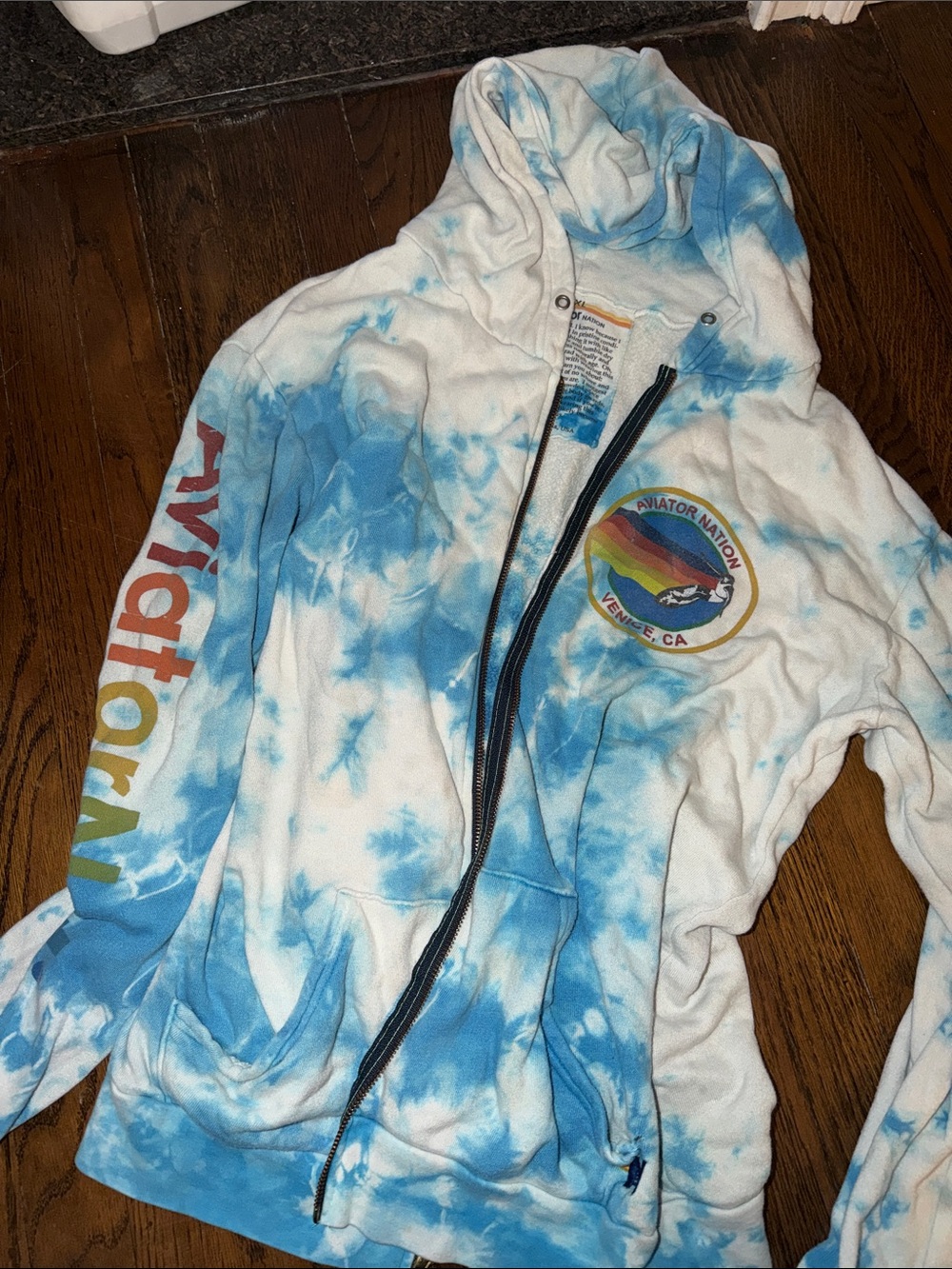 Aviator Nation Blue & White Tie-Dye Zip Hoodie with Rainbow Sleeve Script